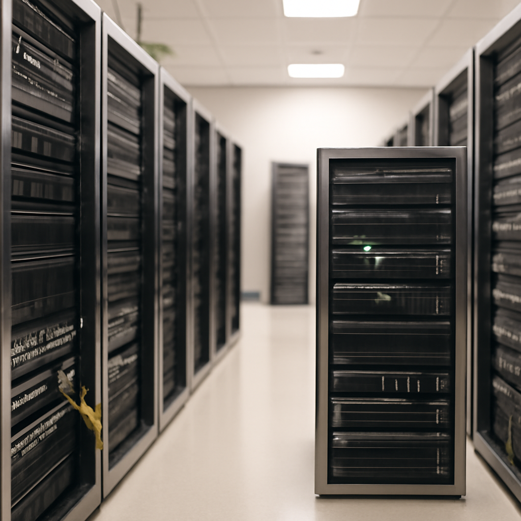 Rows of computer servers and storage equipment in a brightly-lit data center interior.