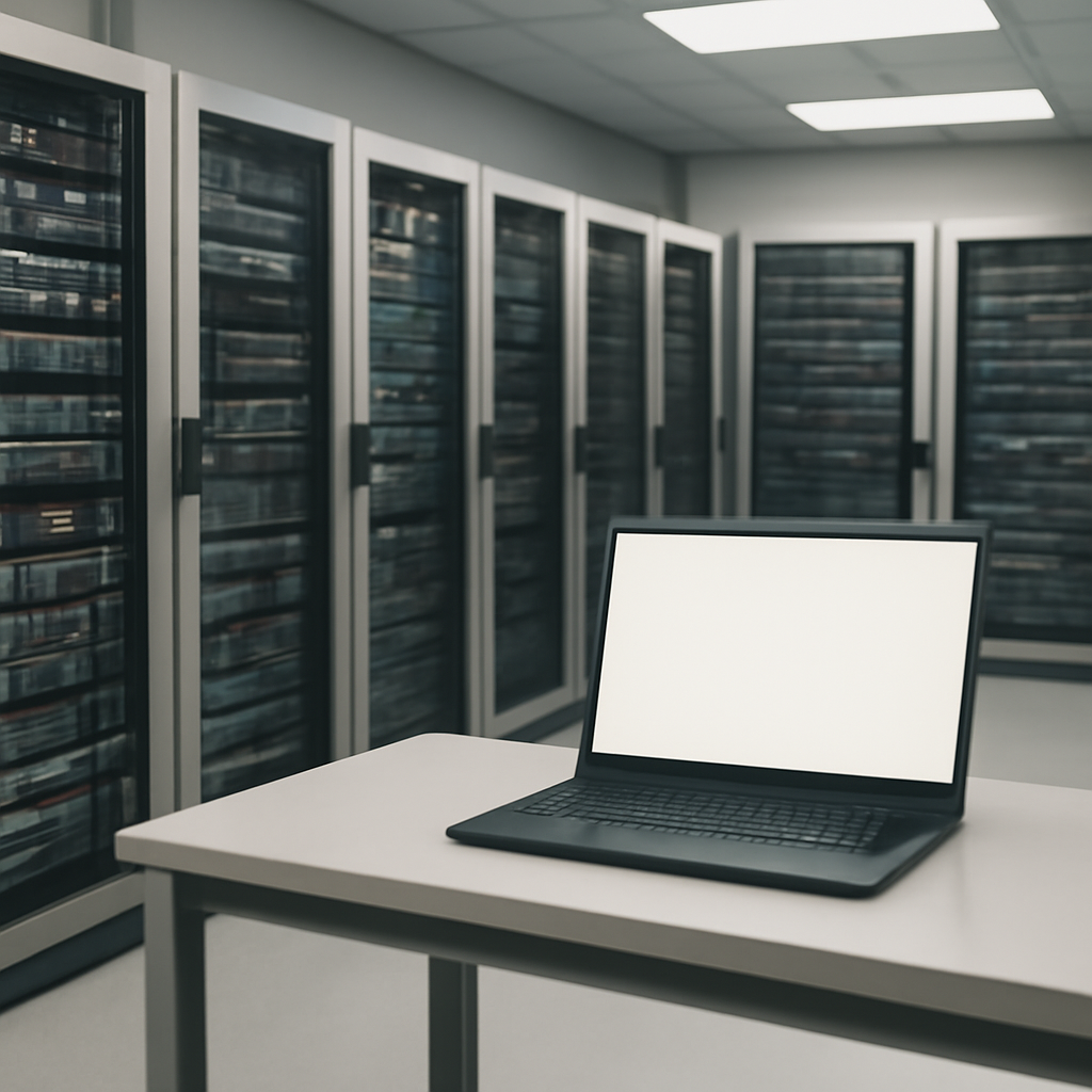 Rows of computer servers and storage equipment in a brightly-lit server room with a single unoccupied workstation in the…