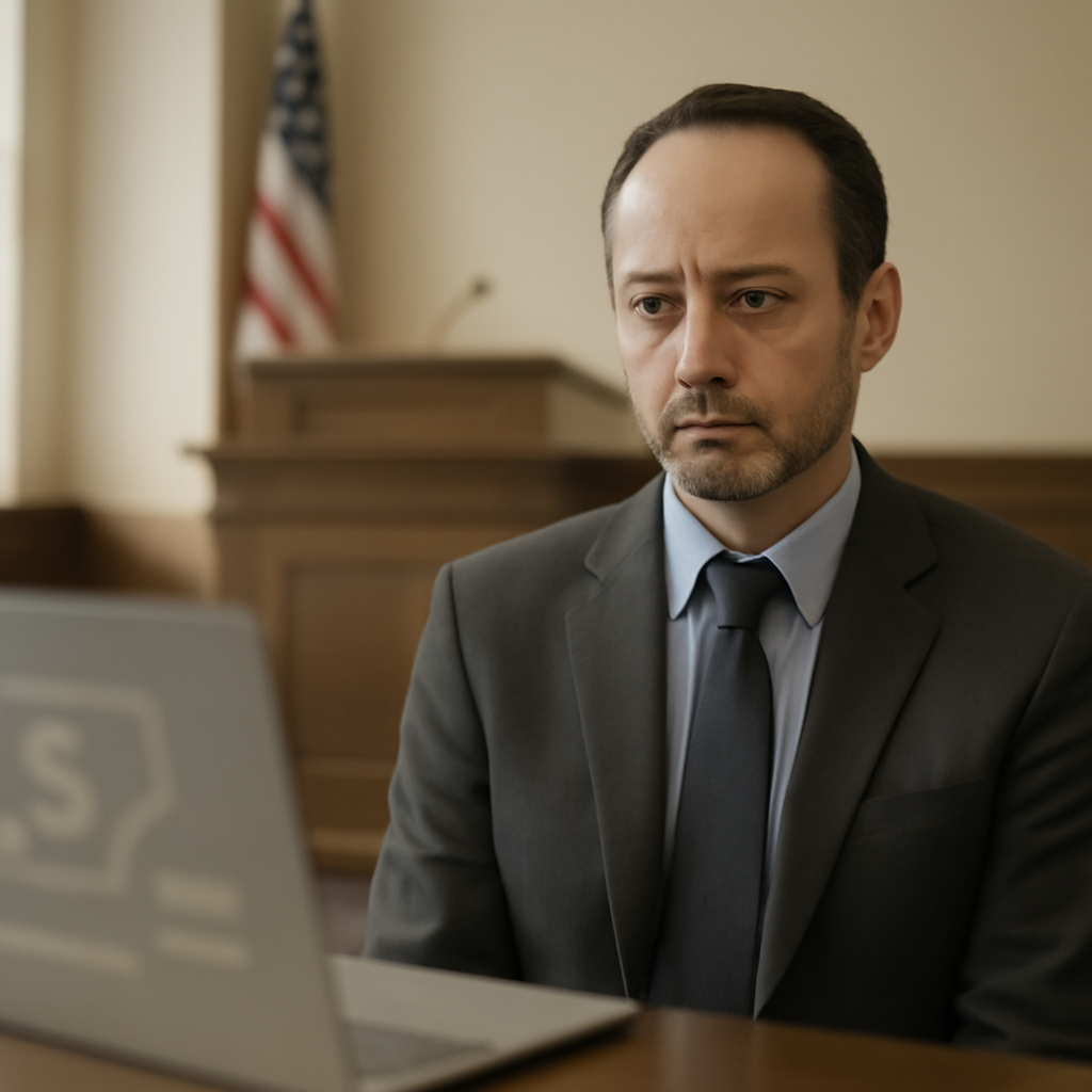 US courthouse scene with a figure and blurred computer symbols nearby.