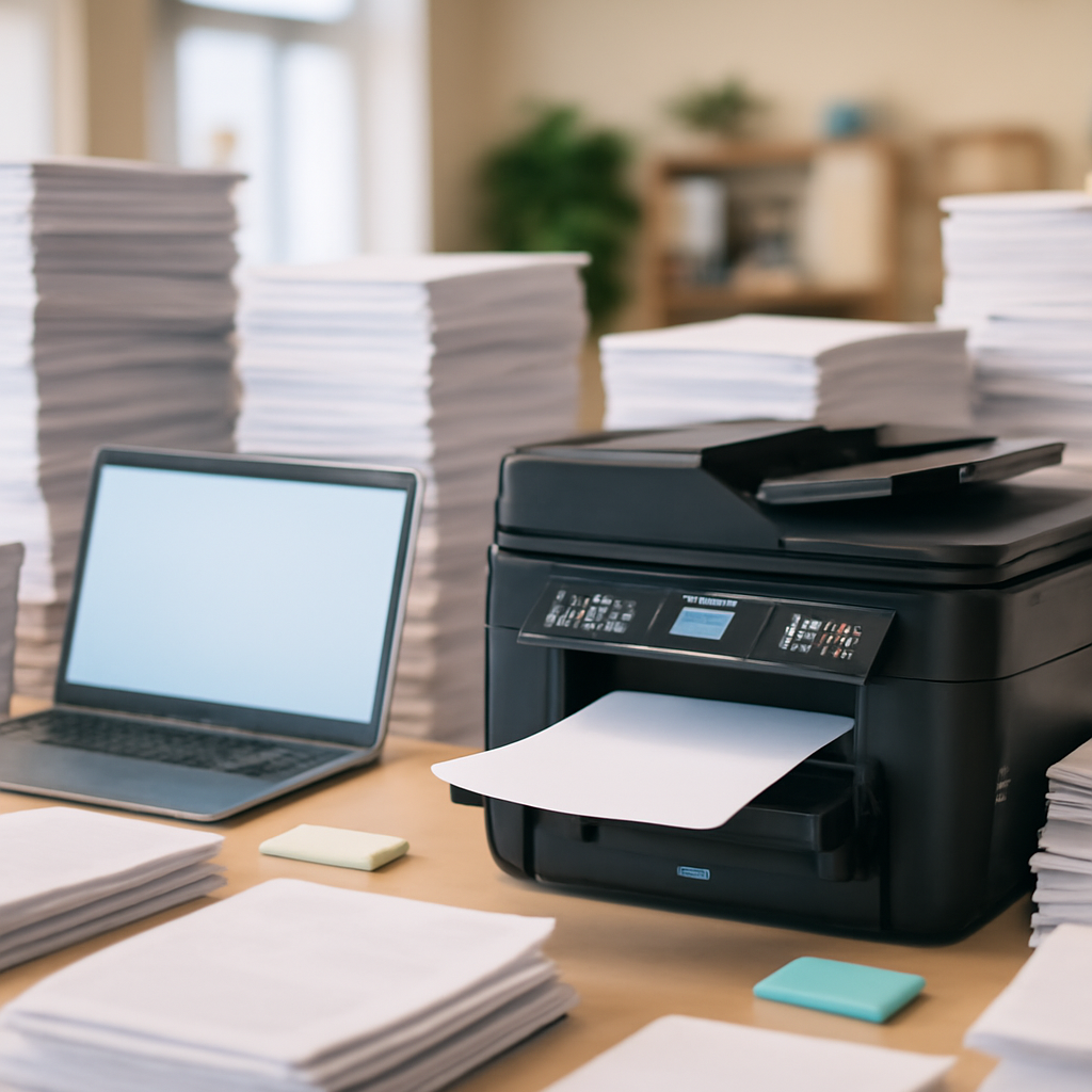Office workspace with printer, computer, and paper supplies, under ordinary indoor lighting.