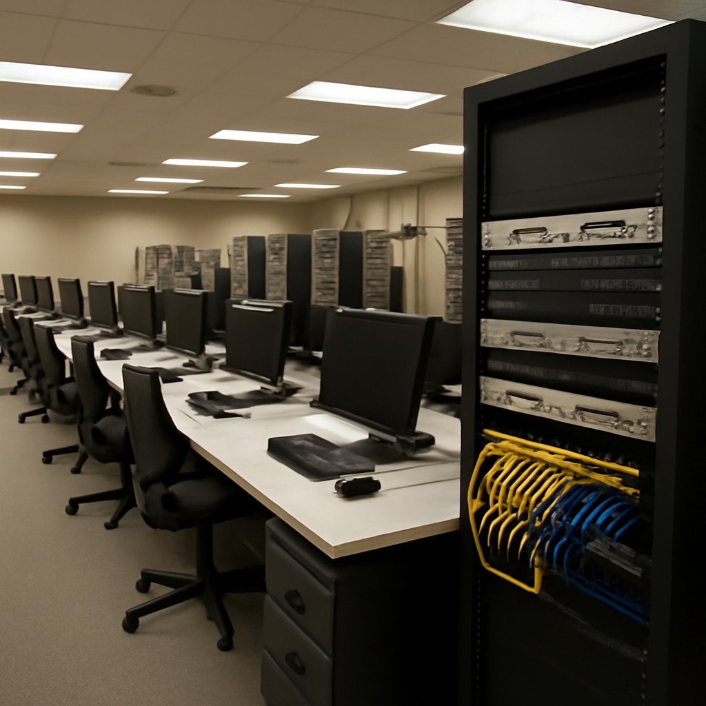 Interior of network operations center with rows of computer workstations and networking equipment.