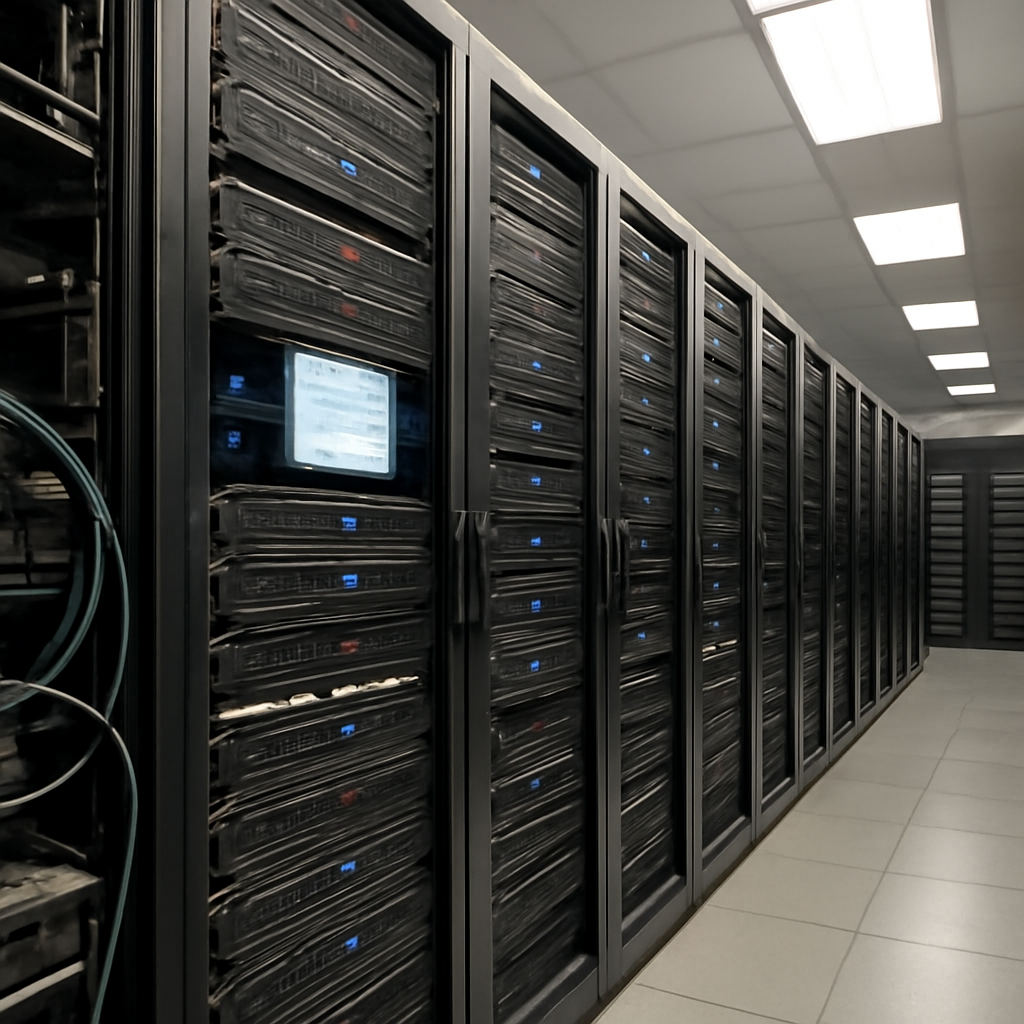Rows of rack-mounted servers and storage units in a data center with cables and network equipment visible.