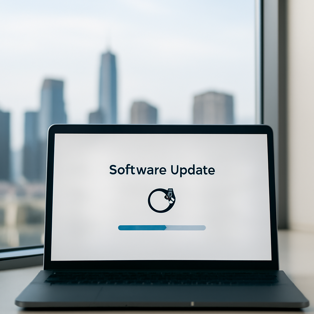 Laptop screen shows software update in progress with cityscape visible through window.
