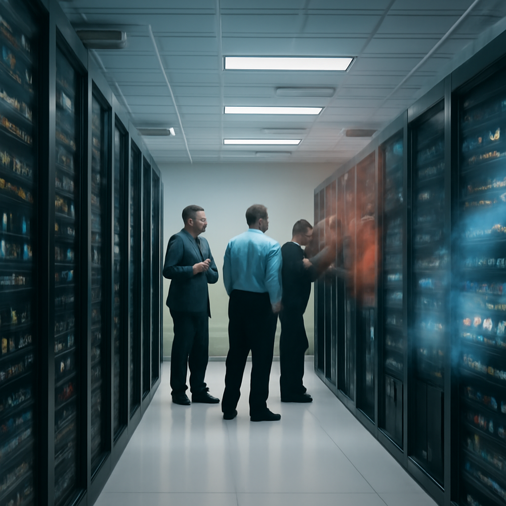 Server room interior with technicians working amidst blurred equipment, conveying a sense of breach and concern.