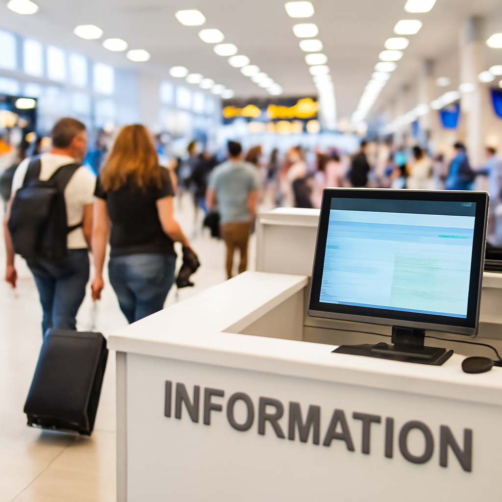 Bustling airport terminal with travelers and check-in counter in normal operation.