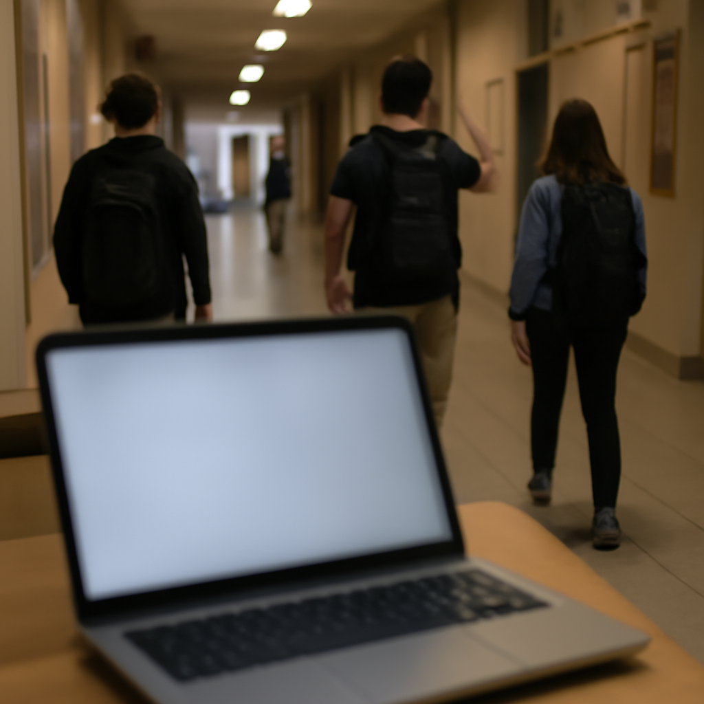 Blurred laptop screen on a desk in a university hallway with students walking in the background, conveying a sense of…