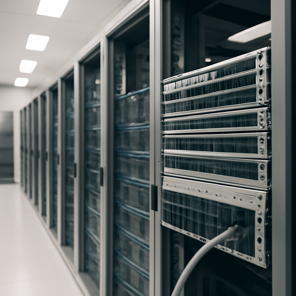 Rows of computer servers and equipment in a brightly-lit server room.