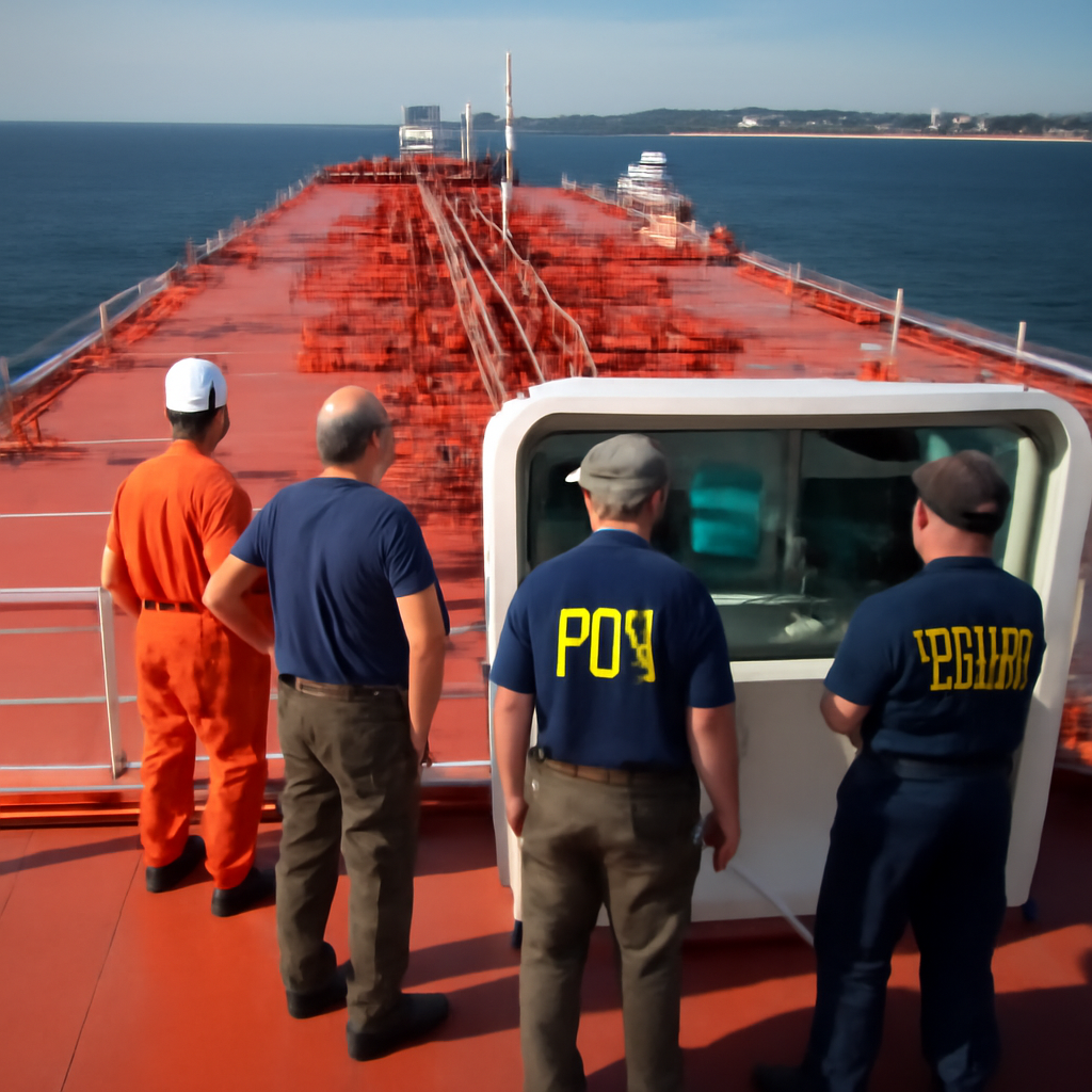 Crew members and Coast Guard or FBI personnel stand on a large oil supertanker's deck near the propulsion control room with…