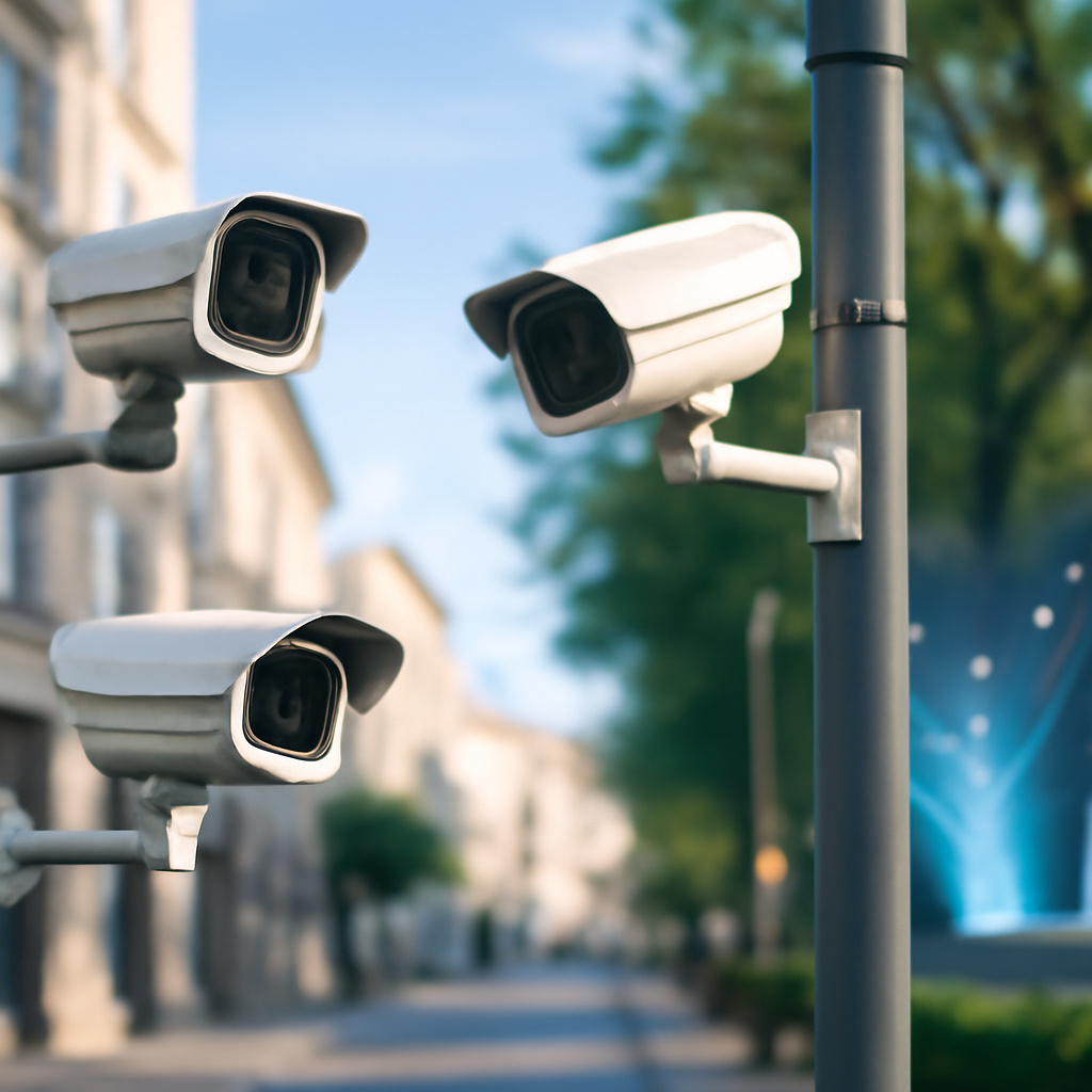 City street with multiple IP cameras and subtle network connectivity hint.