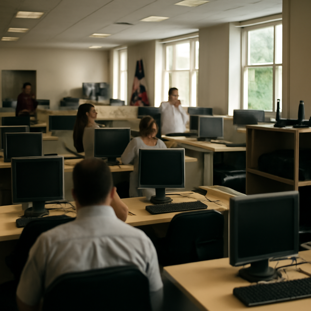 Government office interior with computer workstations, personnel, and network equipment near a large window.