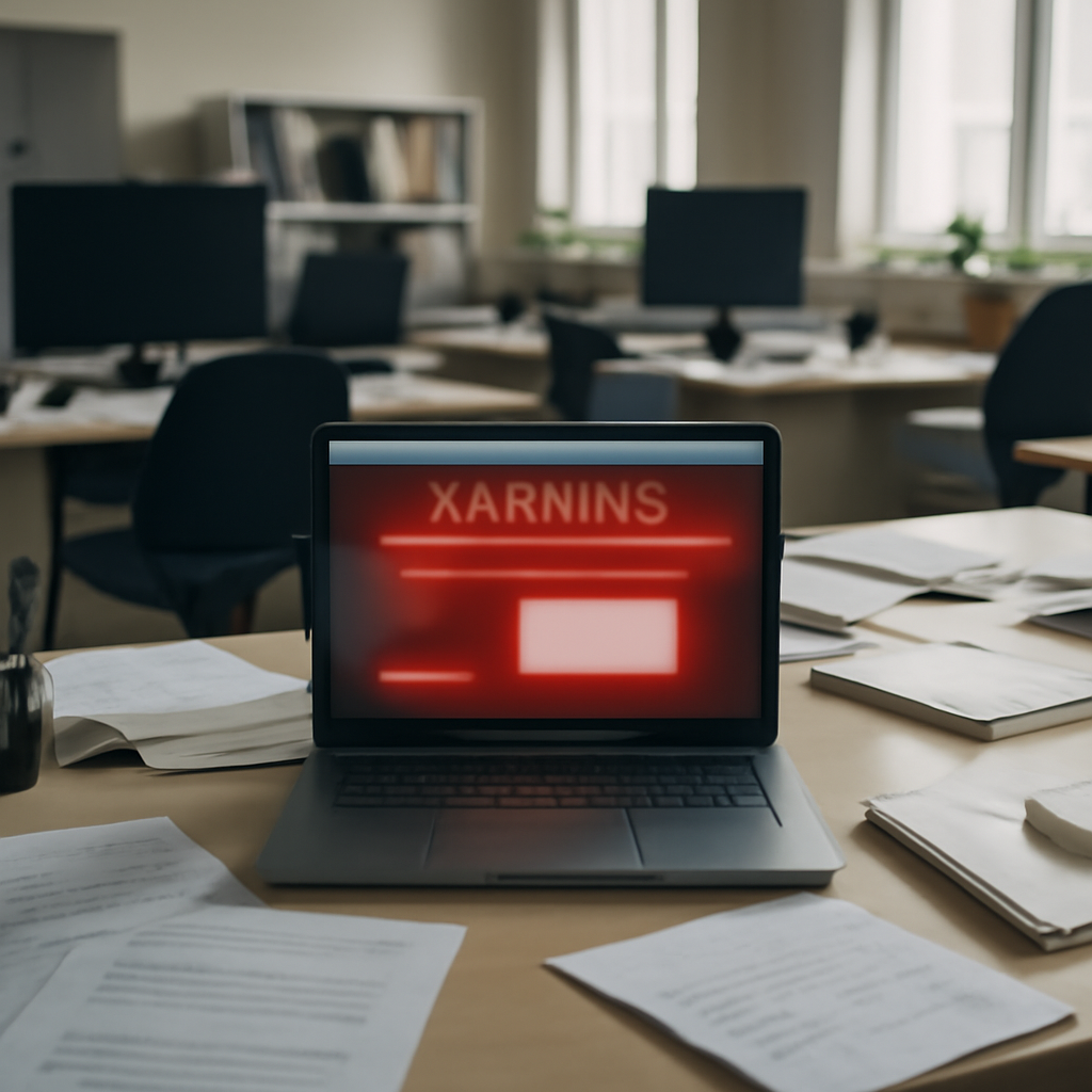 Urban office setting with computers and desks, laptop screen shows malicious webpage.