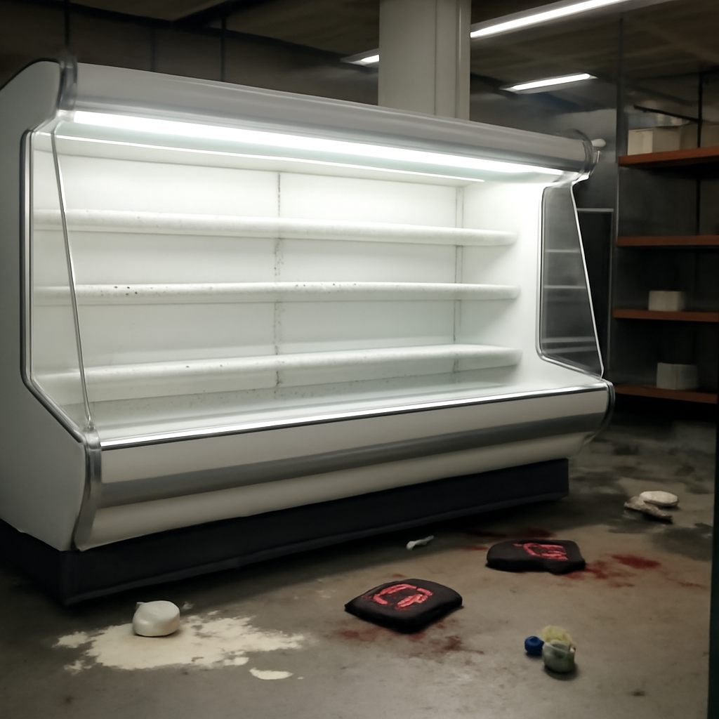 Supermarket refrigeration unit with digital display malfunctioning, surrounded by spoiled food products on the floor.