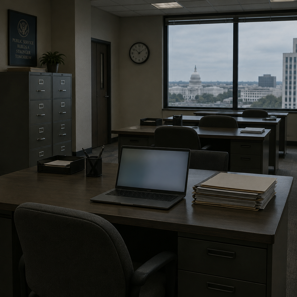 Dimly lit government office with desks, filing cabinet, and laptop next to paper files.
