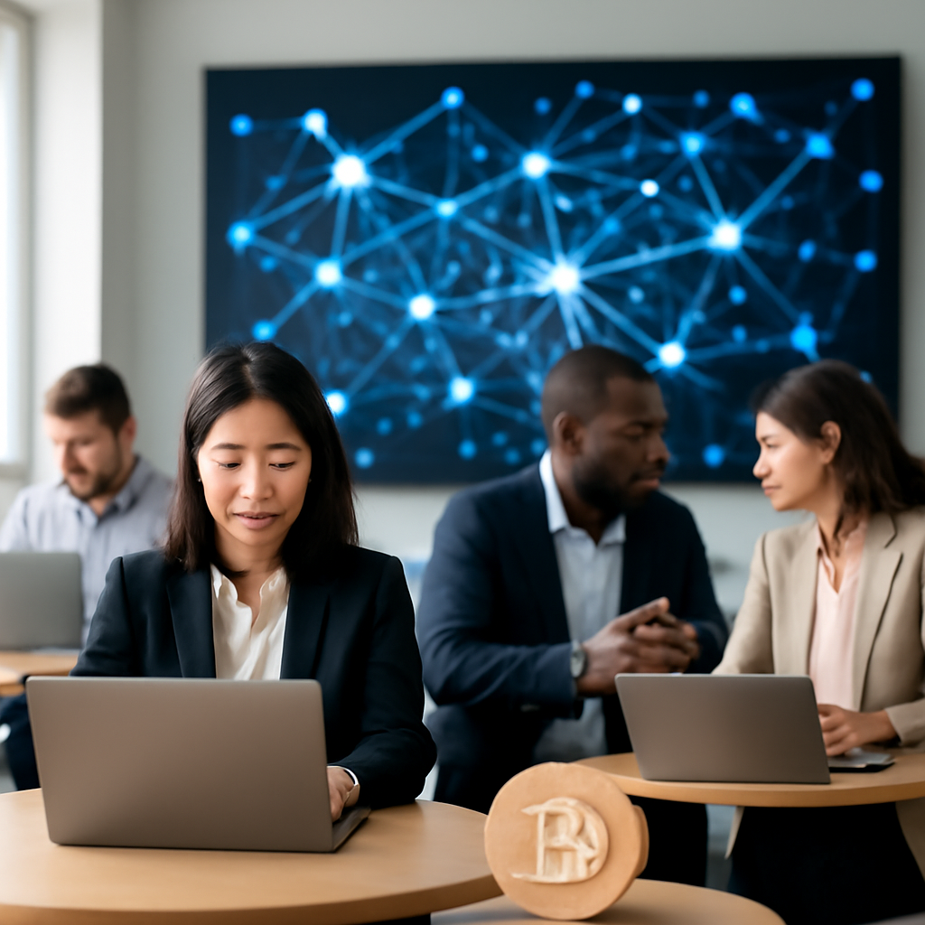 Cryptocurrency exchange office with staff discussing on laptops, blockchain visualization on large screen.