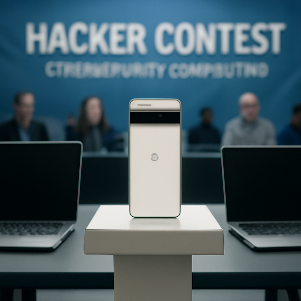 Sleek smartphone on a table surrounded by laptops and blurred faces.