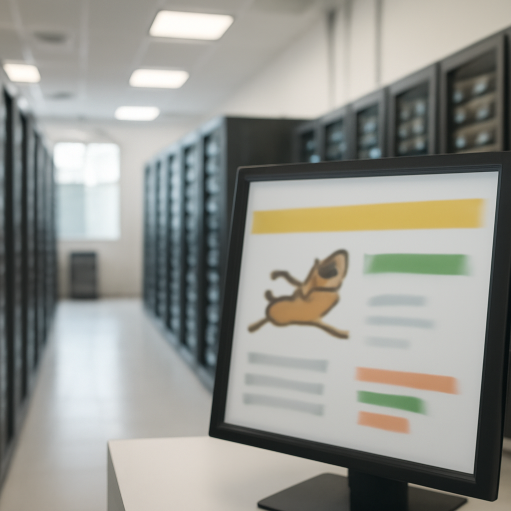 Server room interior with rows of equipment and a blurred database server in the foreground.
