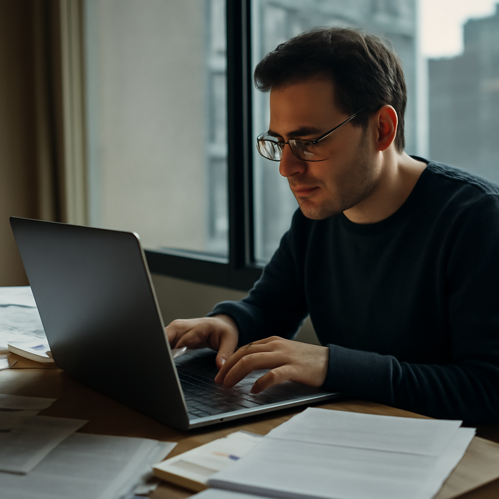 Person at desk with laptop and papers, hands paused over keyboard in cautious unease.