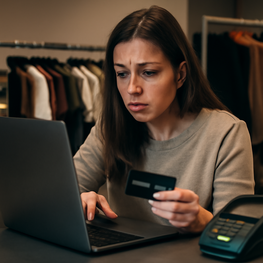A retail checkout area with a laptop and POS terminal on a mid-tone background.