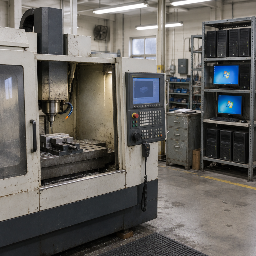 Factory interior with CNC milling machine and Windows servers on a rack in the background.