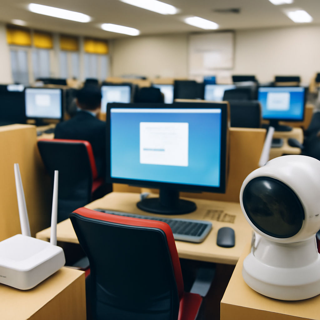 South Korean office with computers and people, one screen sharply focused on a webpage.