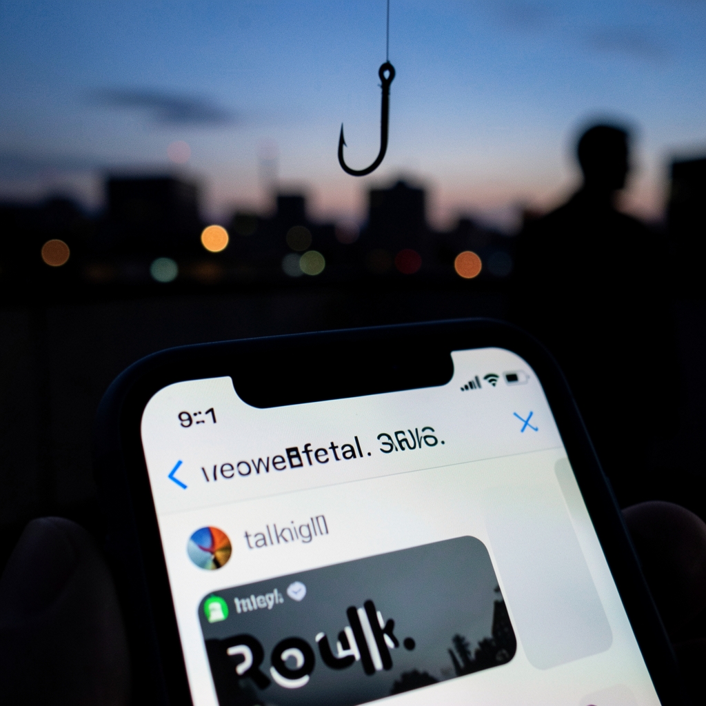 Smartphone screen with notification, fishing hook hovering above, and shadowy figure lurking in corner.