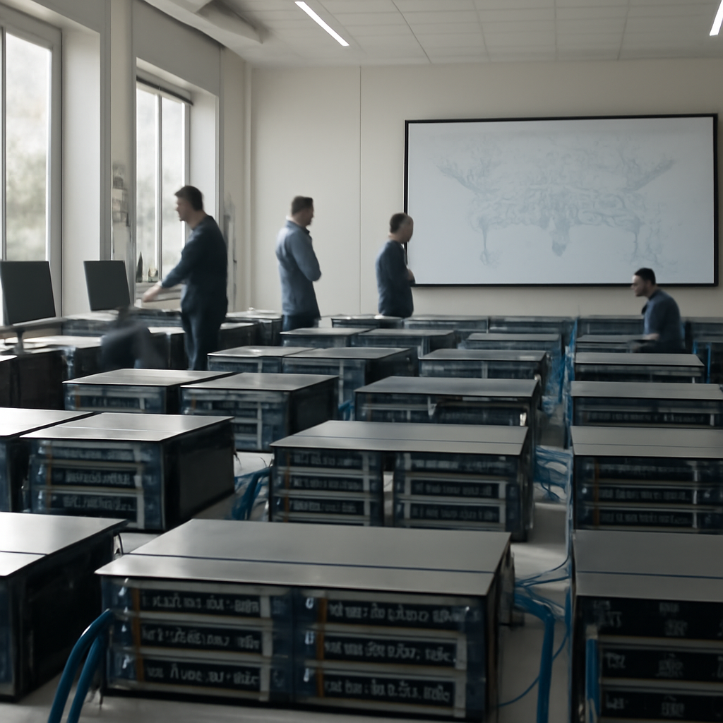 Network operations room with rows of routers, technicians, and a large screen displaying internet infrastructure diagram.