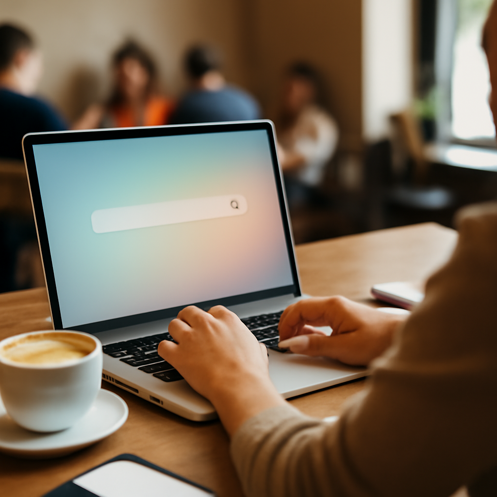 Person searching on laptop in coffee shop with cup of coffee and notebook nearby.