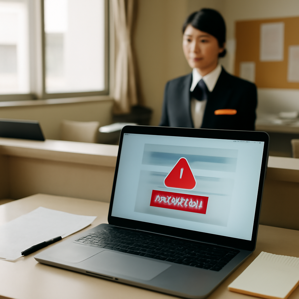 Hotel staff room with laptop on desk showing suspicious email on blurred screen.