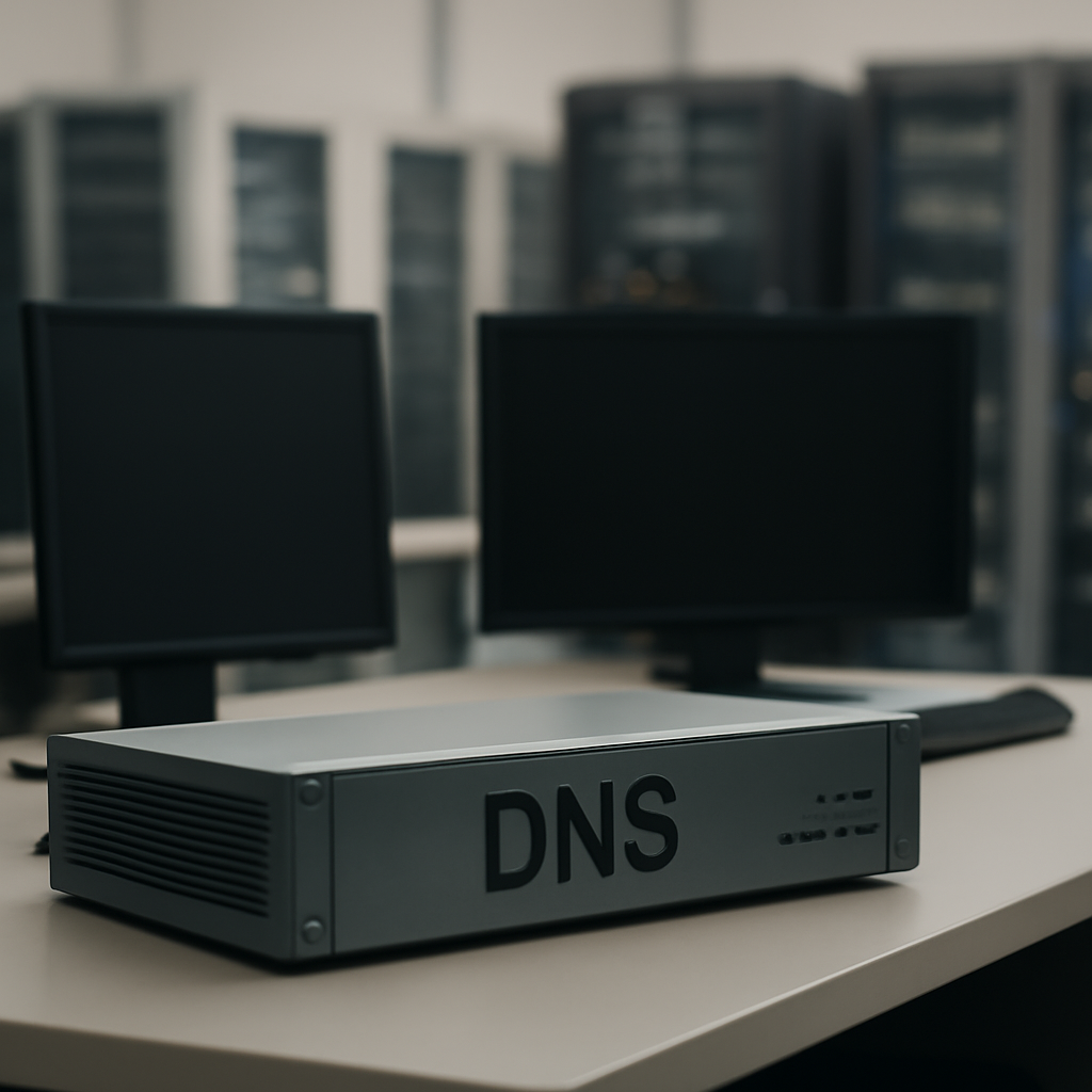 Neutral background with rows of generic computer servers and monitoring equipment.