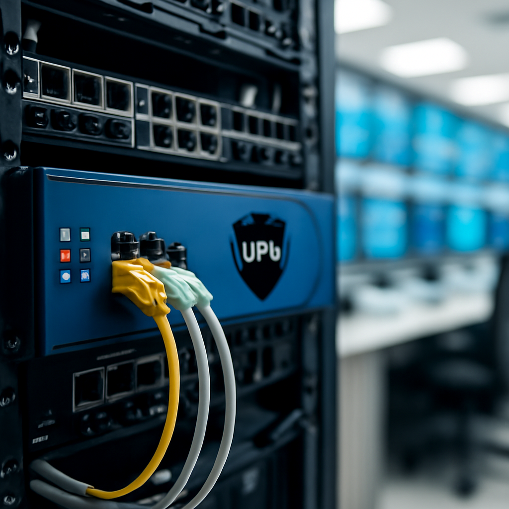 Network equipment and monitors in a well-lit control room, with a focus on a VPN device on a rack.
