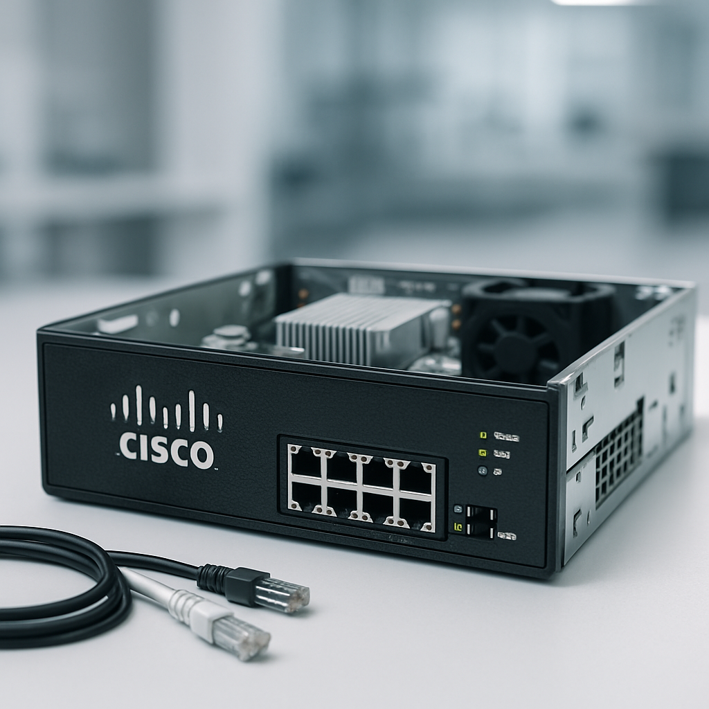 Close-up of Cisco network security device with outer casing removed, revealing internal components on a laboratory bench.