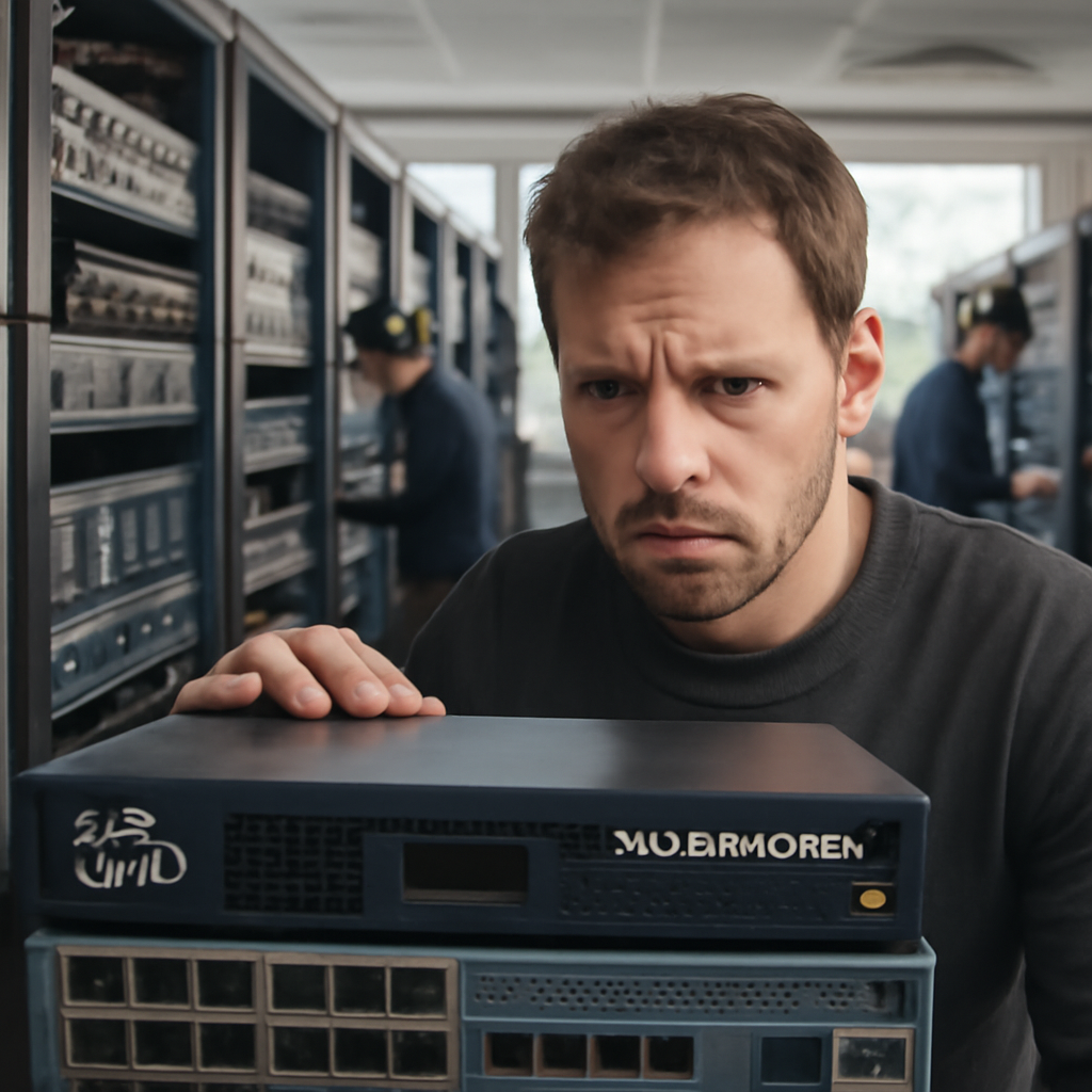Technicians in a network equipment room, one concerned technician foreground checking a Cisco SD-WAN Manager device.
