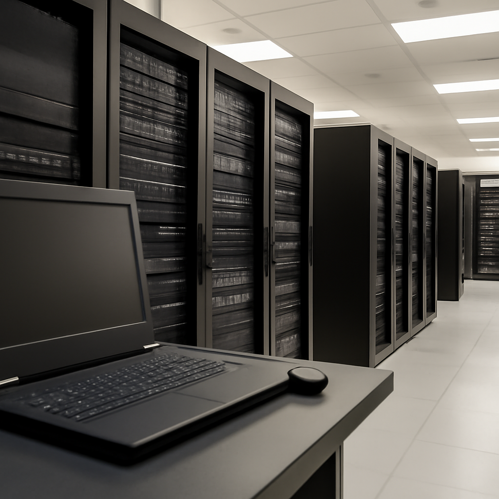 Server room interior with rows of equipment and a single, unoccupied workstation in the foreground.