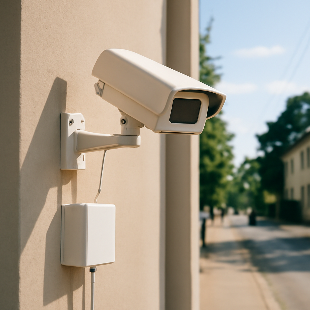 Security camera on exterior wall with network cables nearby.