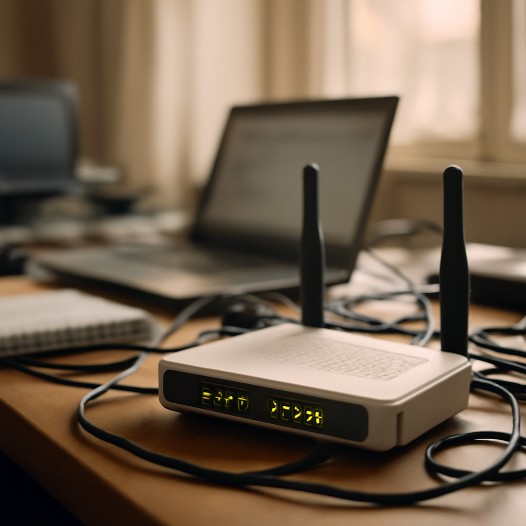 Residential router on cluttered home office desk with cables and devices scattered around it.