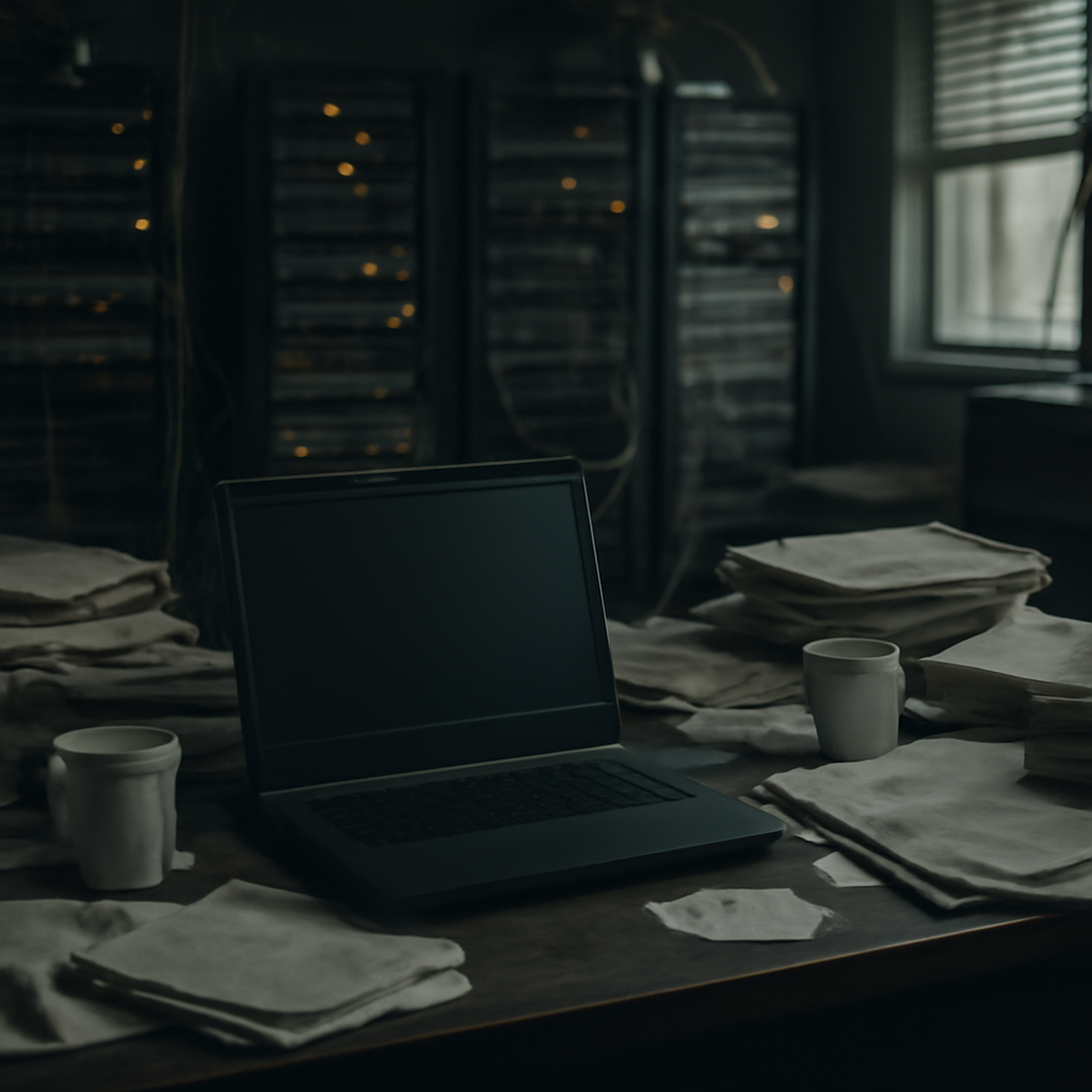 A cluttered computer workstation with a blank laptop screen sits unoccupied in a dimly lit server room with rows of…