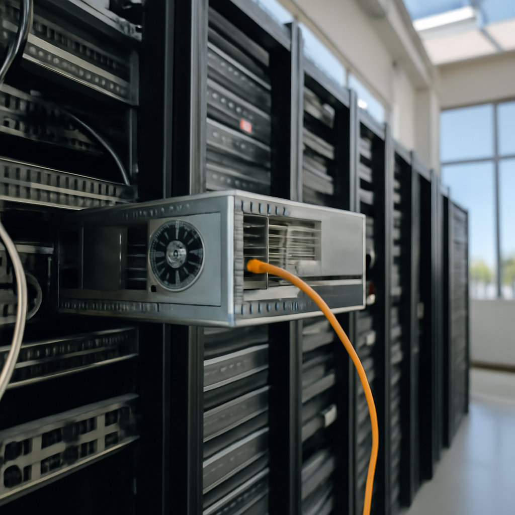 Rack of servers in a well-lit data center with one server appearing exposed and vulnerable.