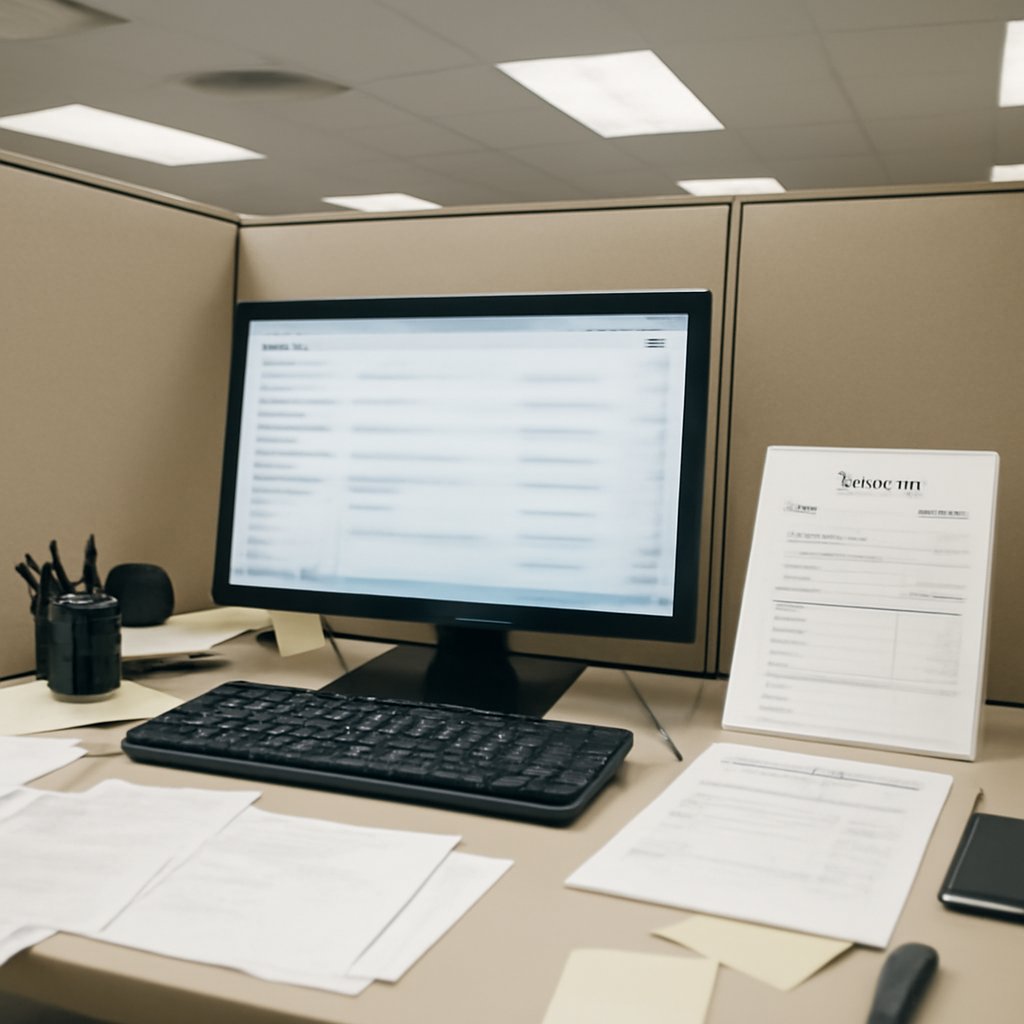 Cluttered office cubicle with desktop computer and suspicious email nearby.