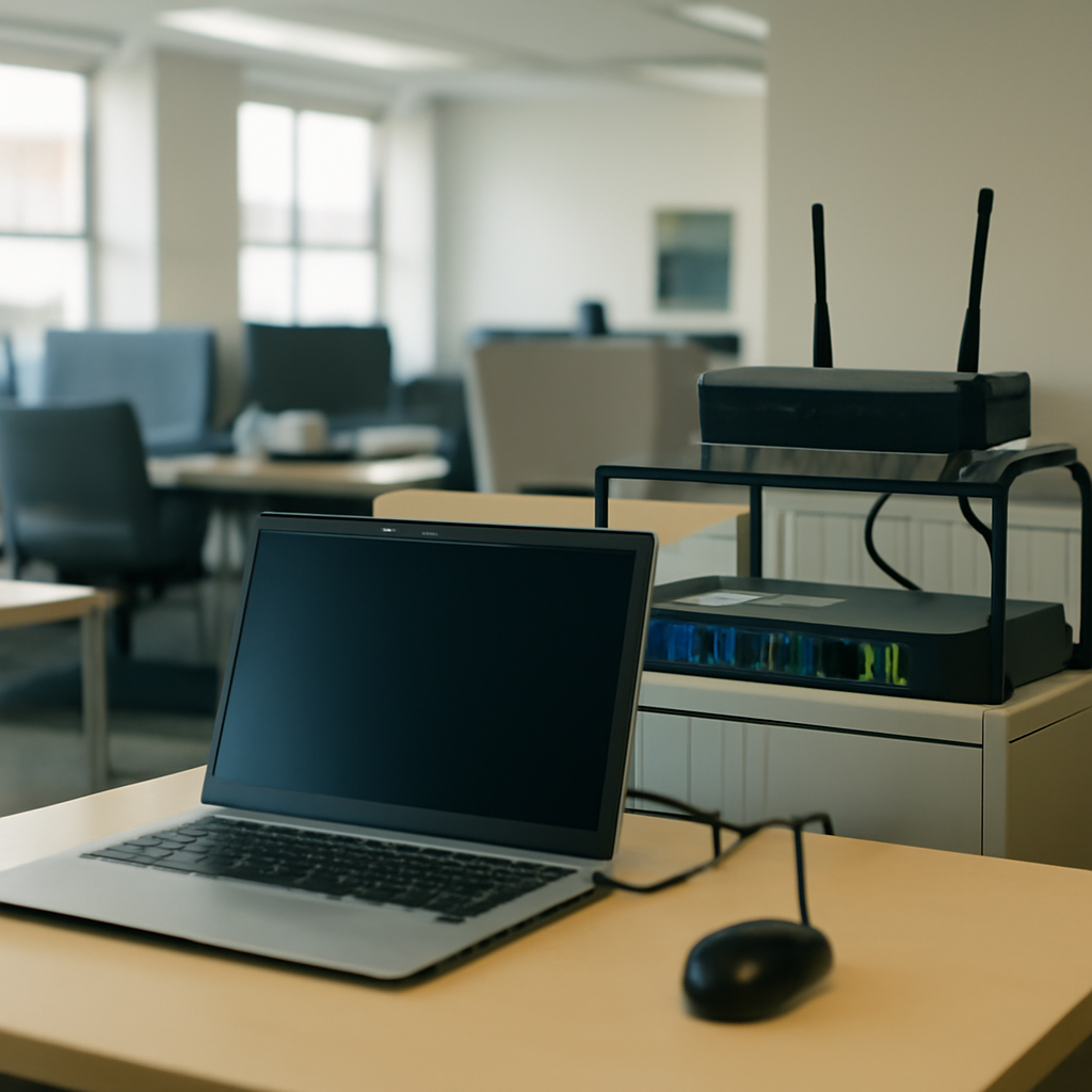 Brightly-lit office workstation with laptop and router in background.