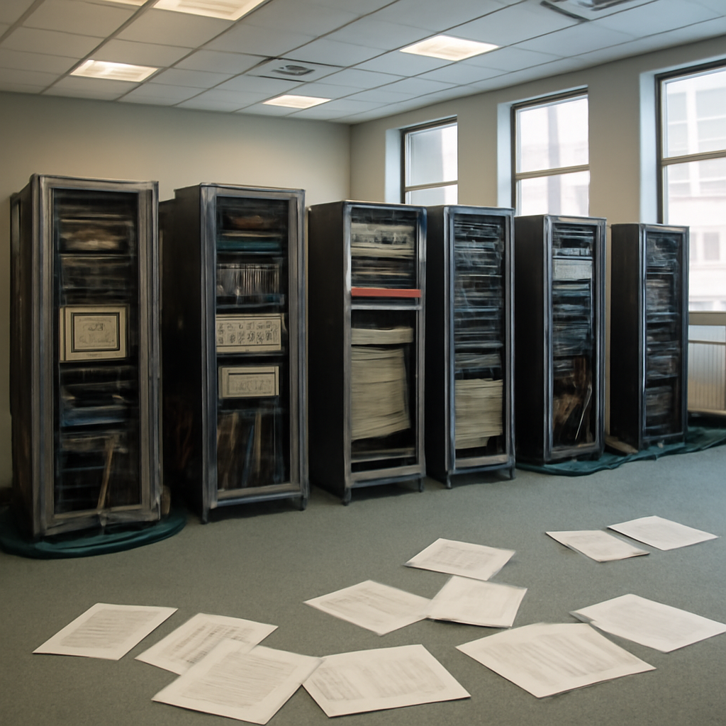 Rows of computer servers and networking equipment in a brightly-lit network operations center.