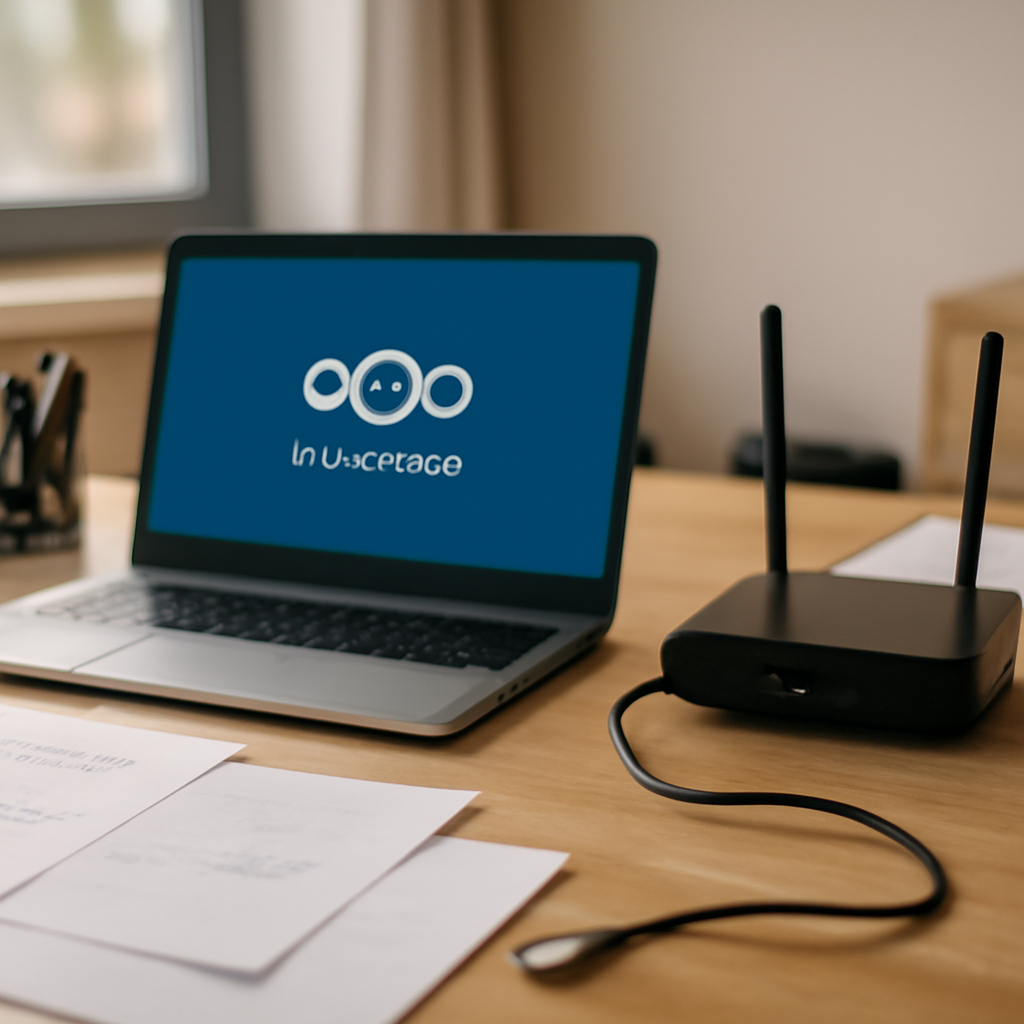 Nextcloud server setup on a cluttered wooden desk with laptop, router, and office supplies.