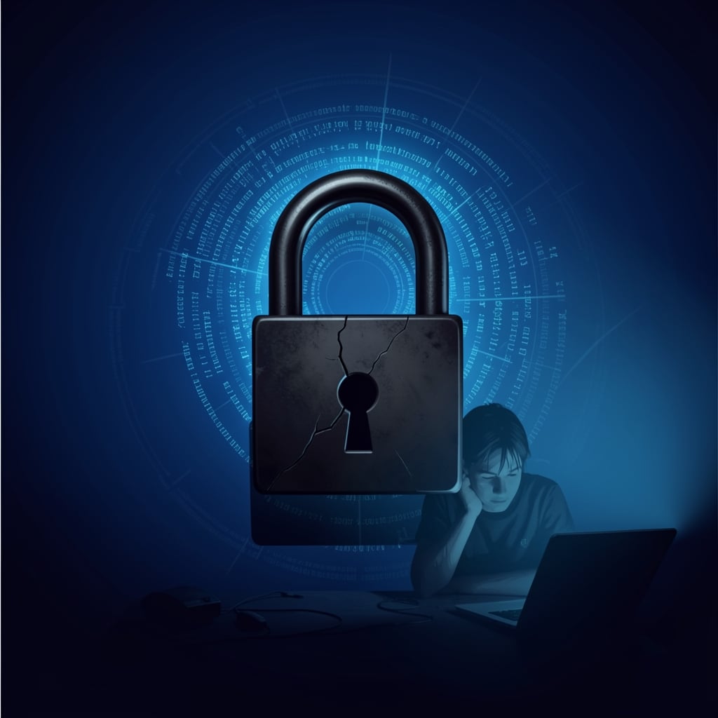 A cracked padlock surrounded by glowing code patterns with a shadowy figure hunched over a laptop in the distance.
