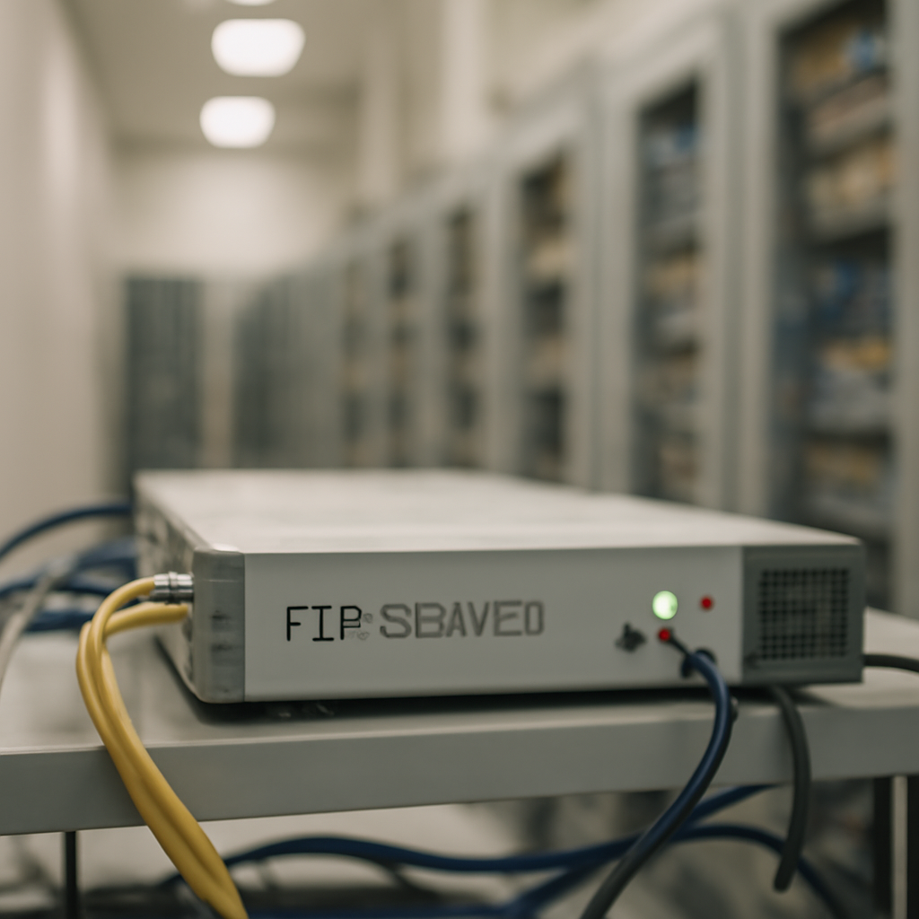 Out-of-focus FTP server device sits on a rack amidst cables in a brightly-lit server room with rows of equipment in the…