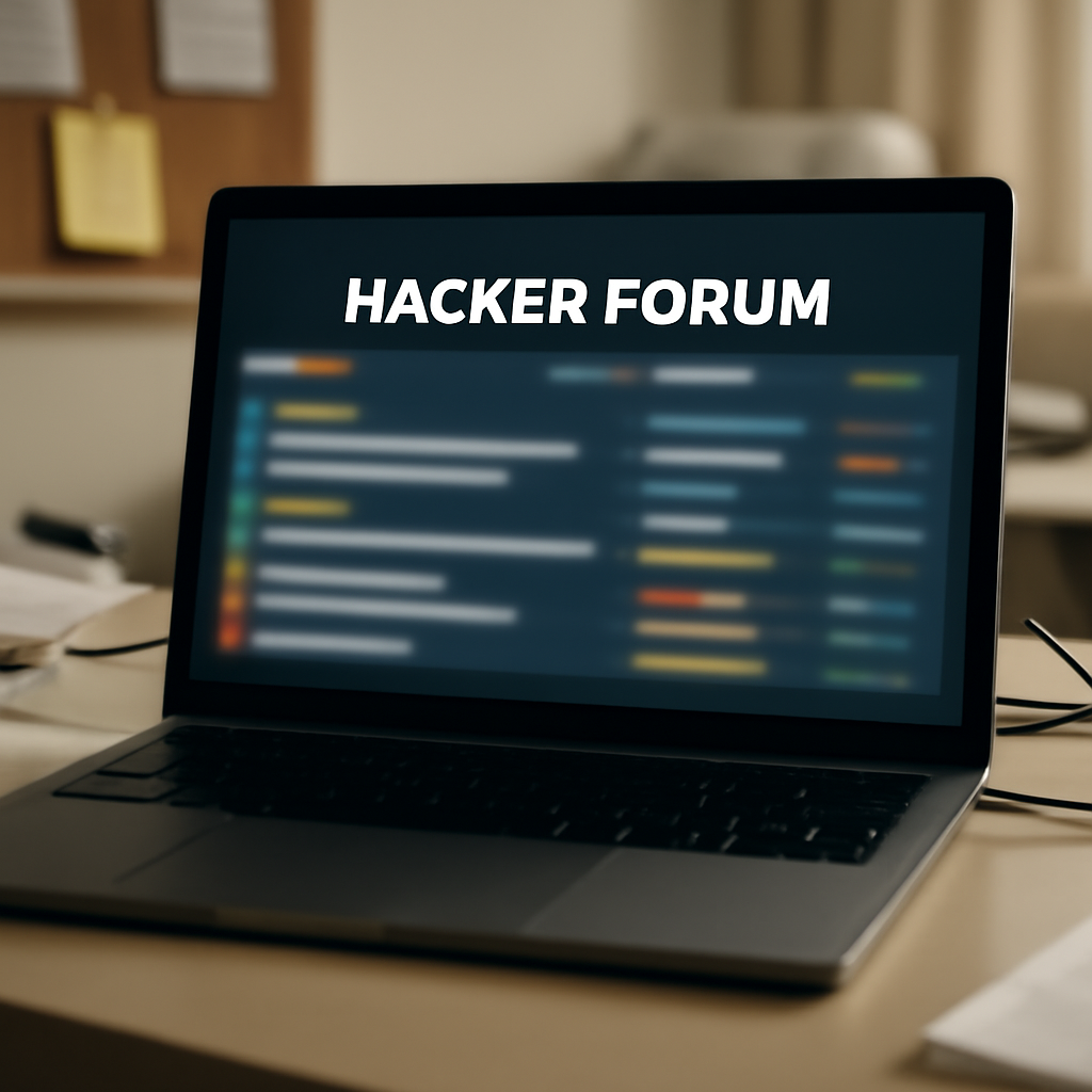 Laptop screen displays hacker forum on cluttered desk in home office setting.