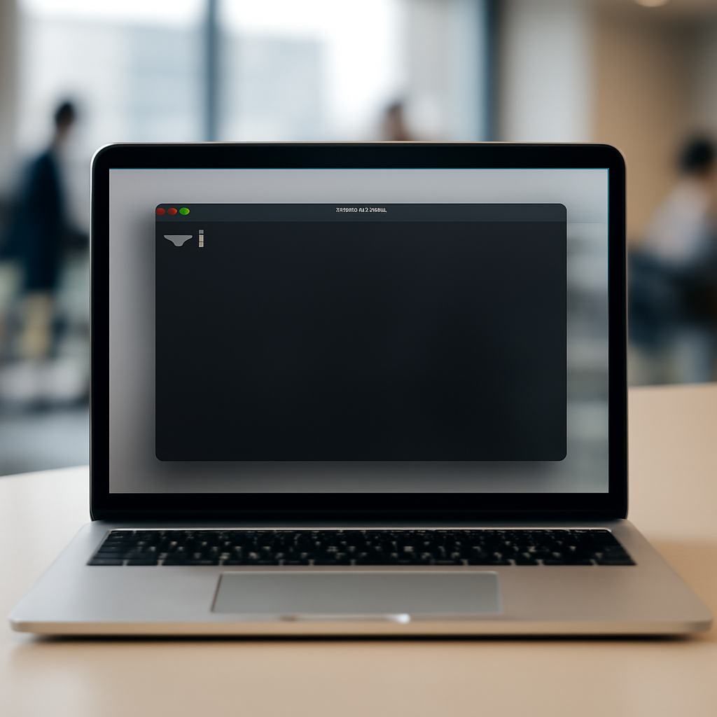 Mac laptop on a desk with a Terminal window open, in a blurred office setting.