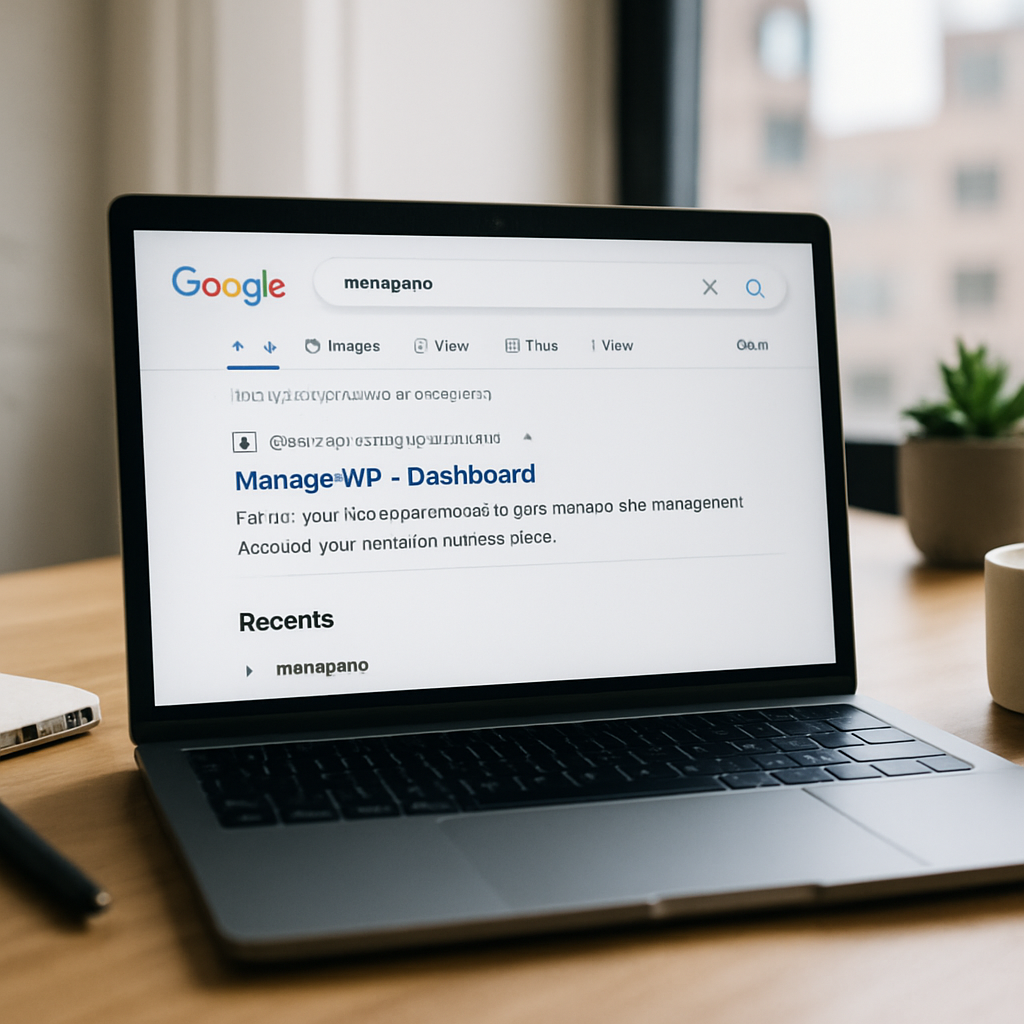 Laptop screen shows Google search results with suspicious ManageWP ad amidst office or home workspace.