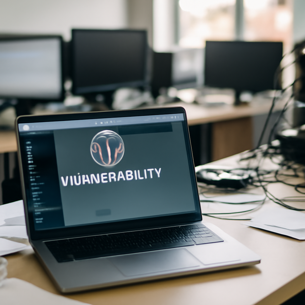 Cluttered office desk with laptop showing empty interface, symbolizing WordPress site vulnerability.