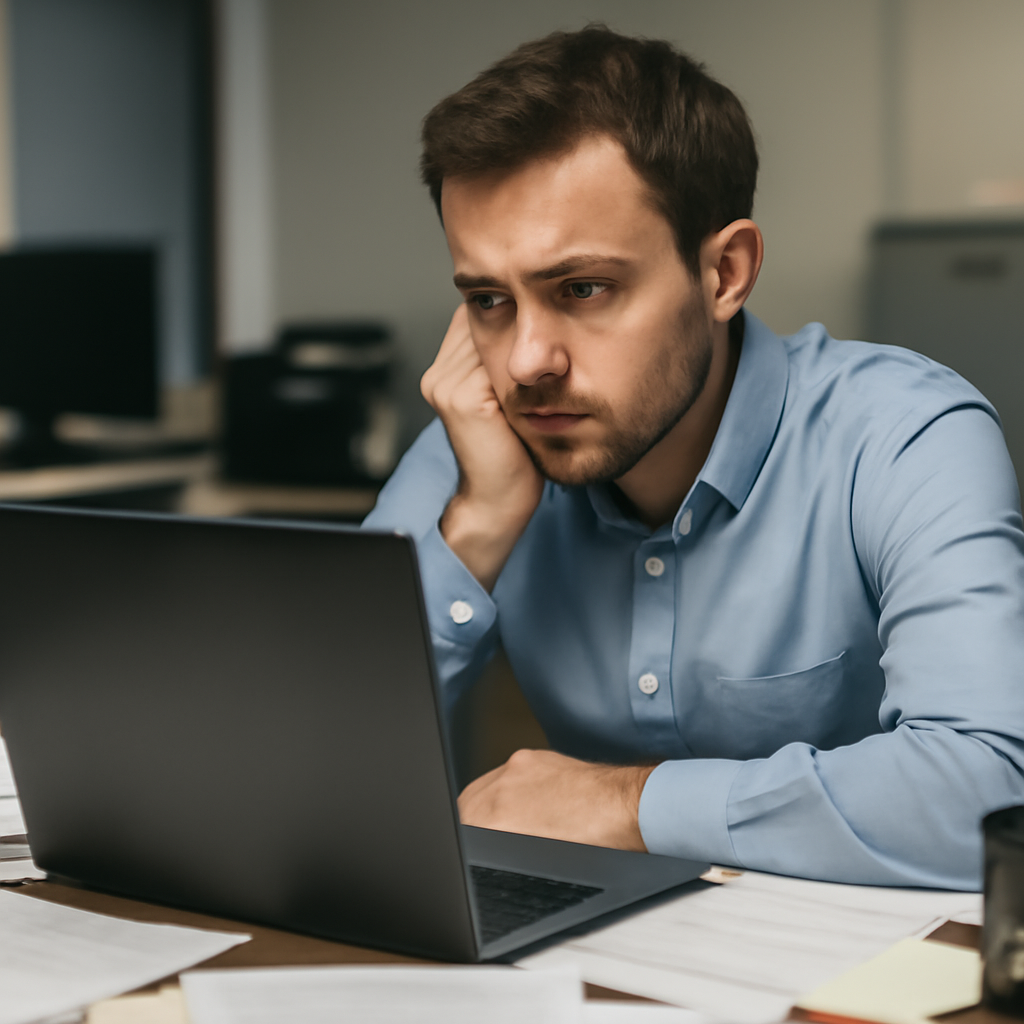 Person sitting at desk with concerned expression, staring at blank laptop screen.