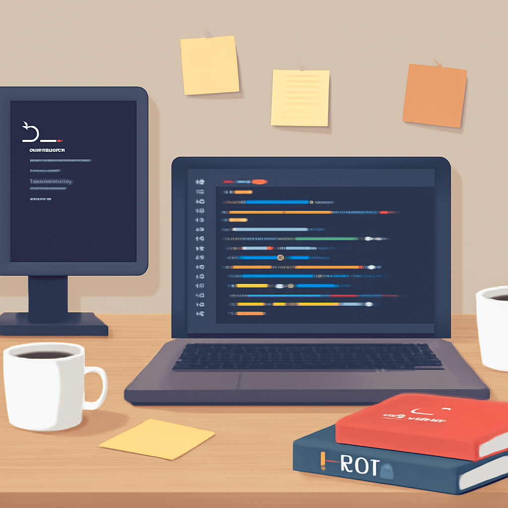 Software development workstation with laptop and terminal on a cluttered desk in a neutral-colored room.