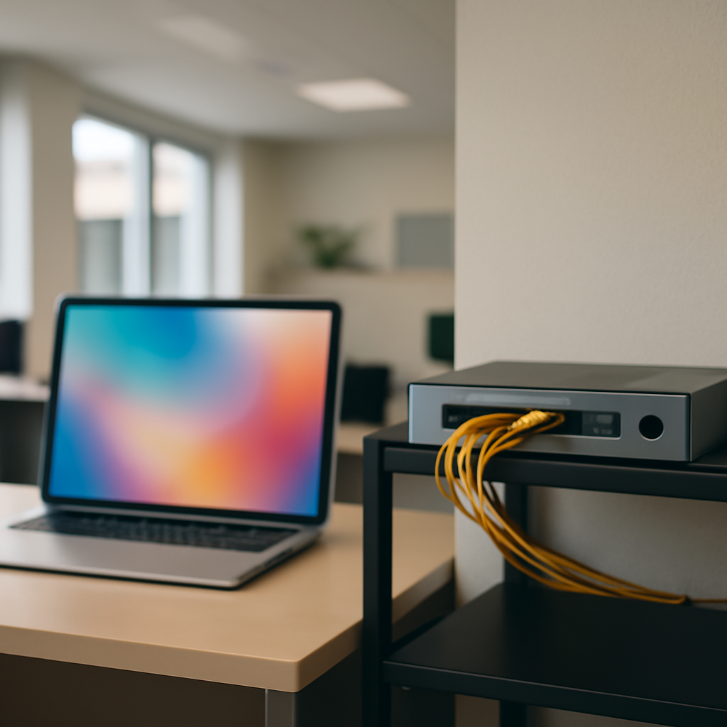 Modern office workspace with Mac computer and network router on shelf.